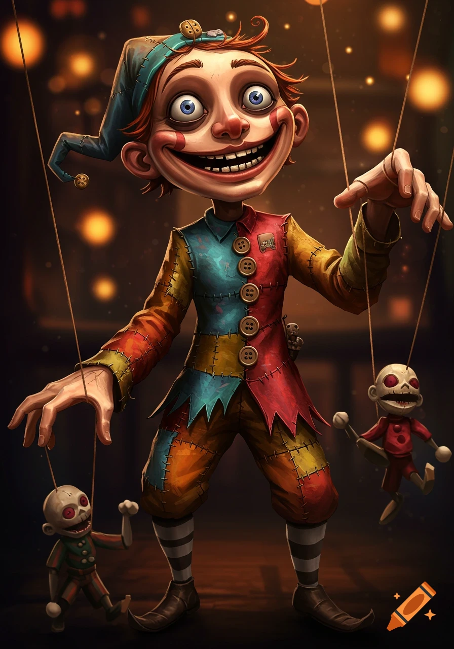 Creepy puppet man in jester-like clothes holding strings to smaller puppets. Cartoon style.