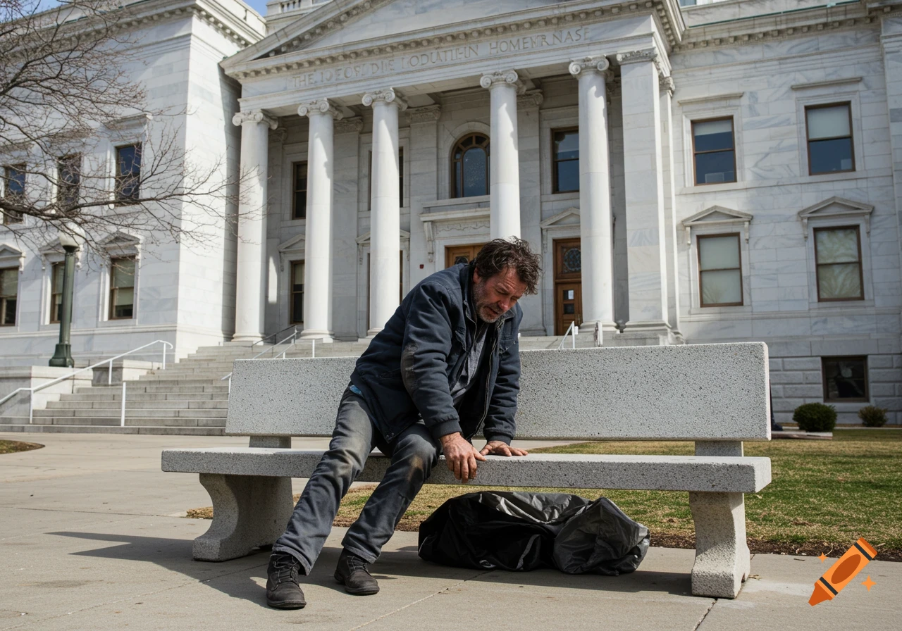 A man struggles to sit on a bench in front of a large courthouse building.