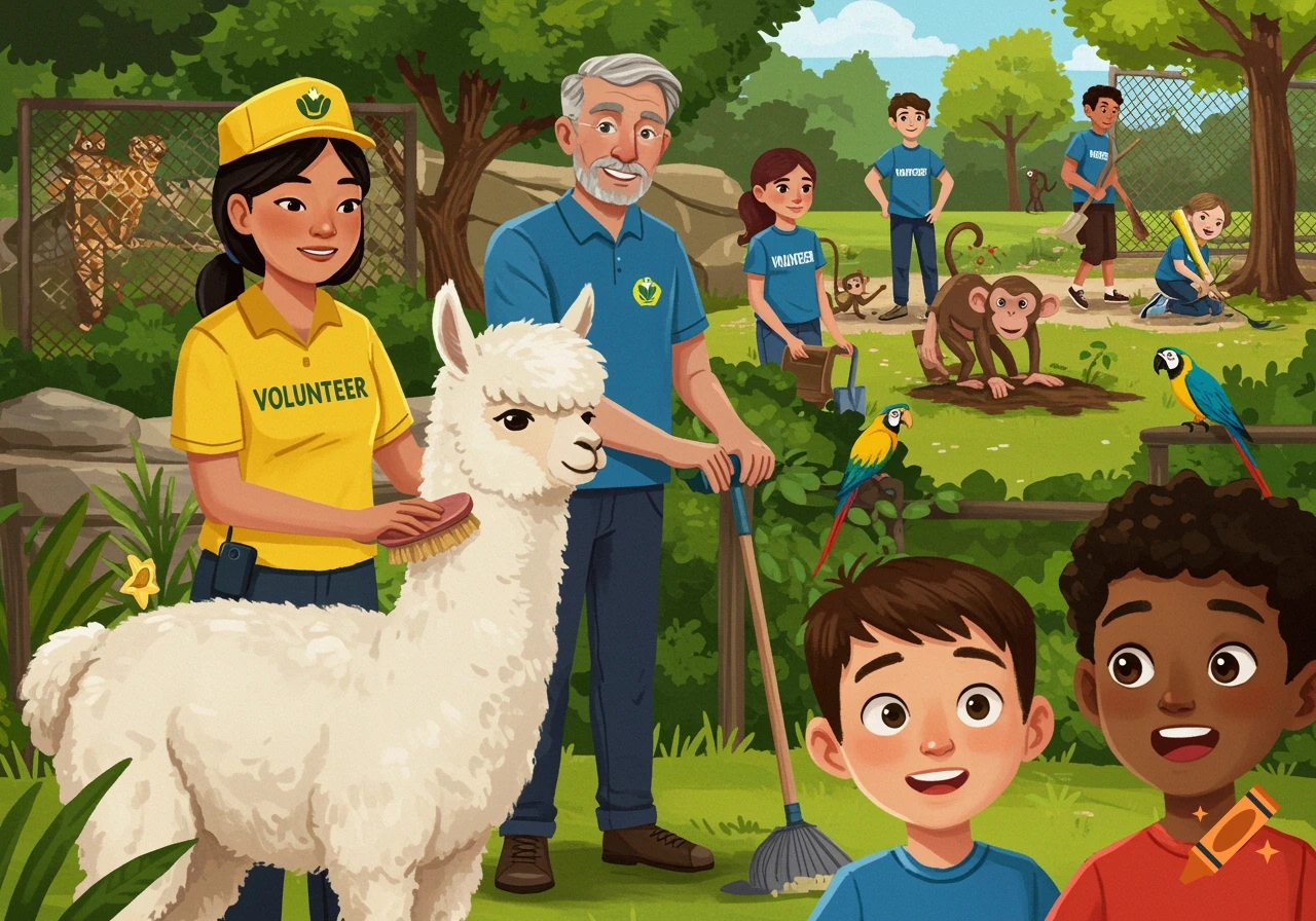 Cartoon illustration of diverse people volunteering at a zoo, brushing an alpaca, cleaning, and interacting with animals.