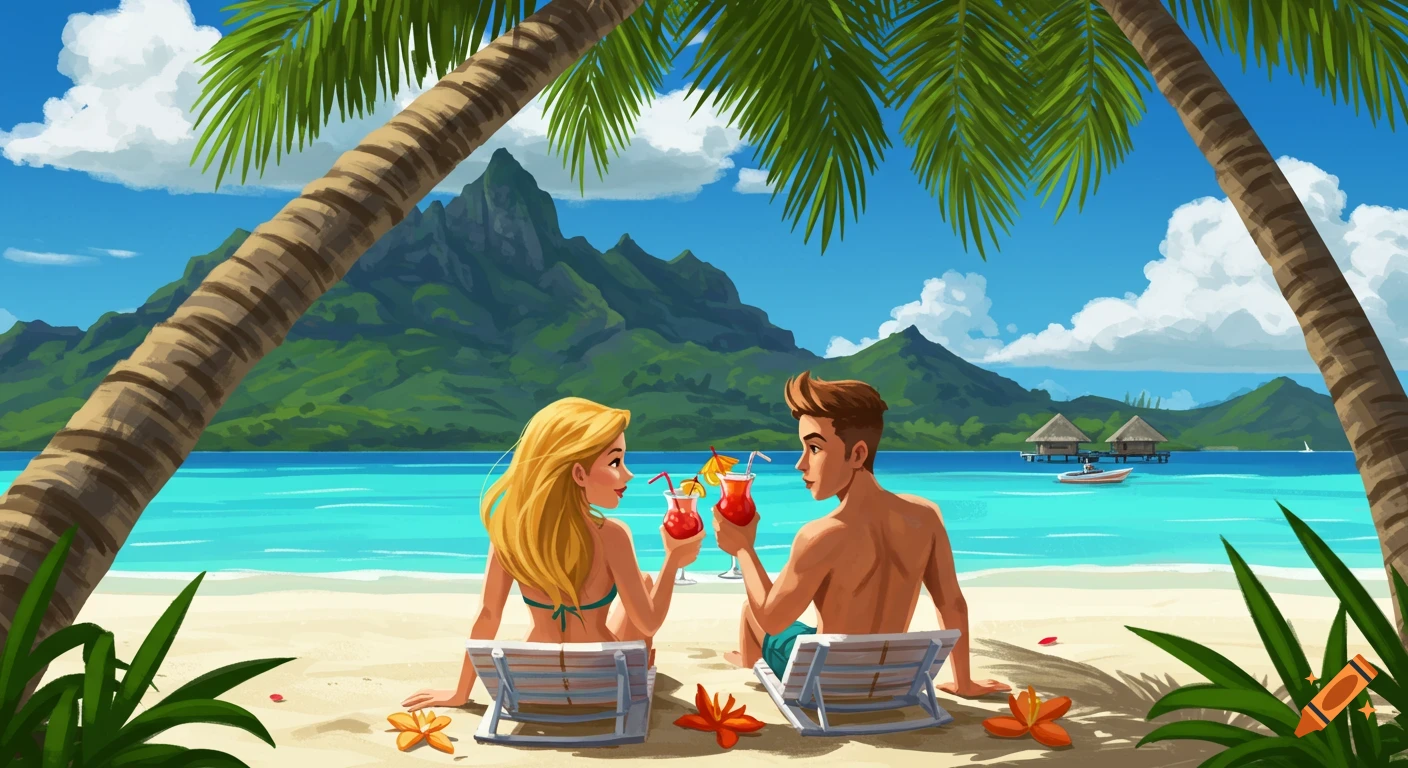 Illustrative scene of a couple relaxing on a tropical beach with drinks, framed by palm trees.