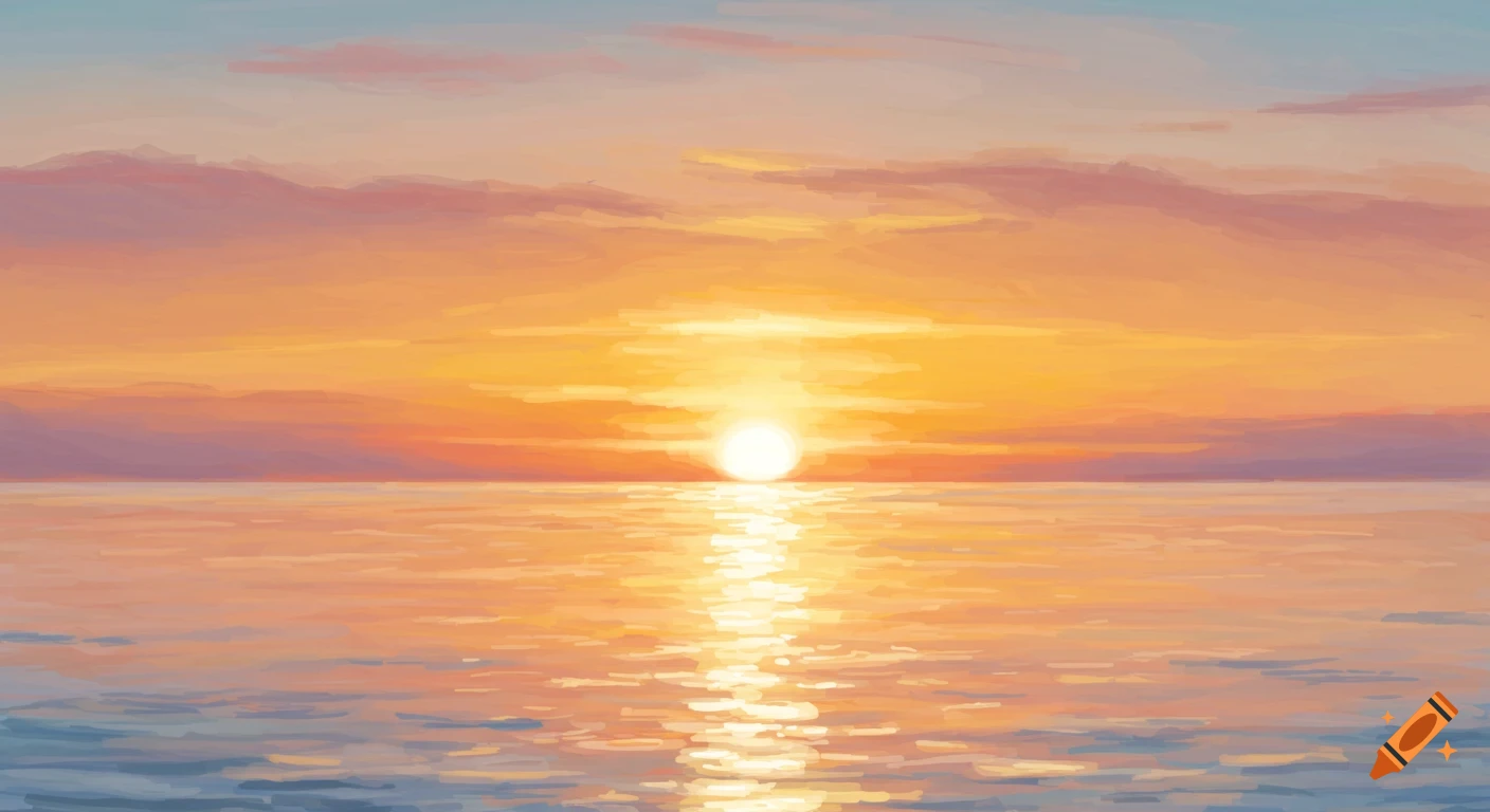 Painterly sunrise over the ocean with warm colors reflecting on the water.