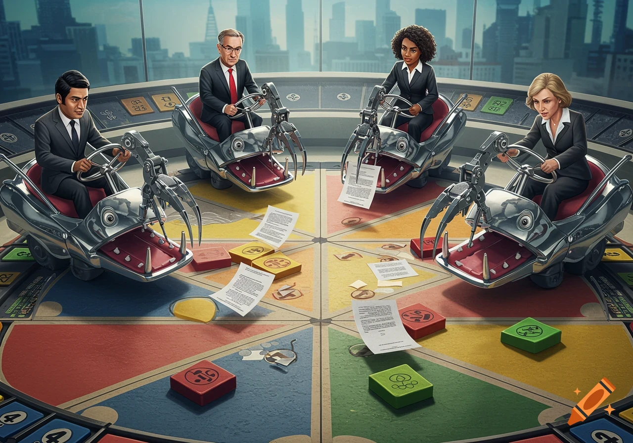 Corporate executives play a board game using shark-like cars to grab papers on a large board with a cityscape view.