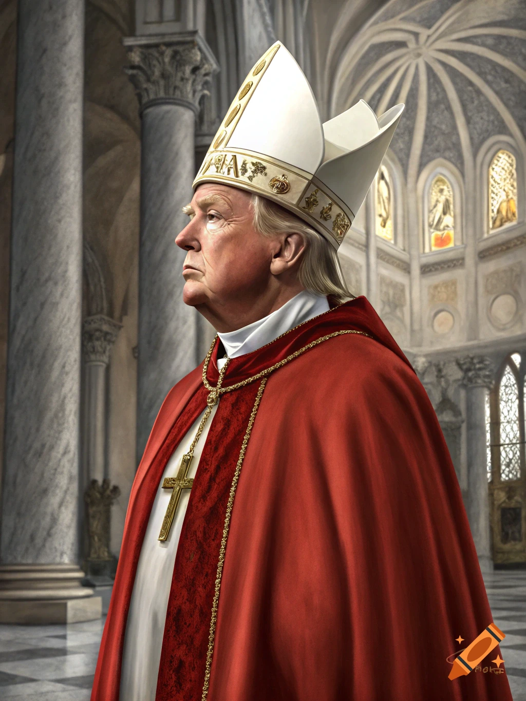 Portrait of Donald Trump depicted as the Pope, wearing a mitre, red ...