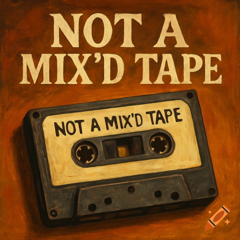 A painterly image of a cassette tape with the text 'NOT A Mix'd Tape' on a brown background.