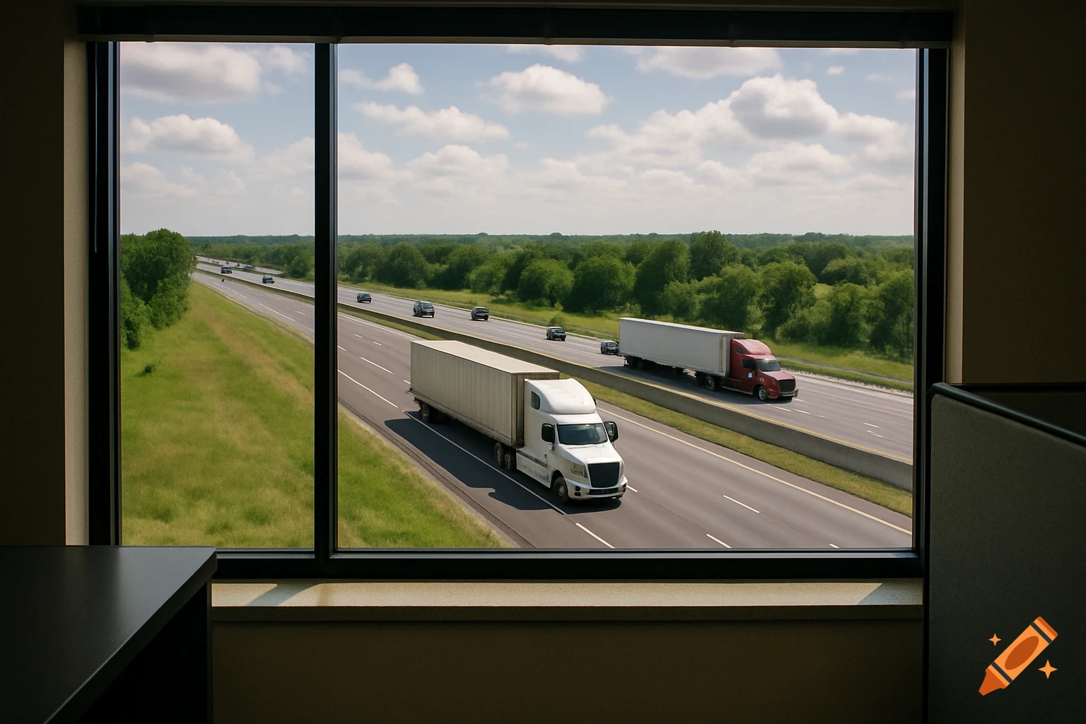 View of a highway with semi trucks and cars, seen through an office window