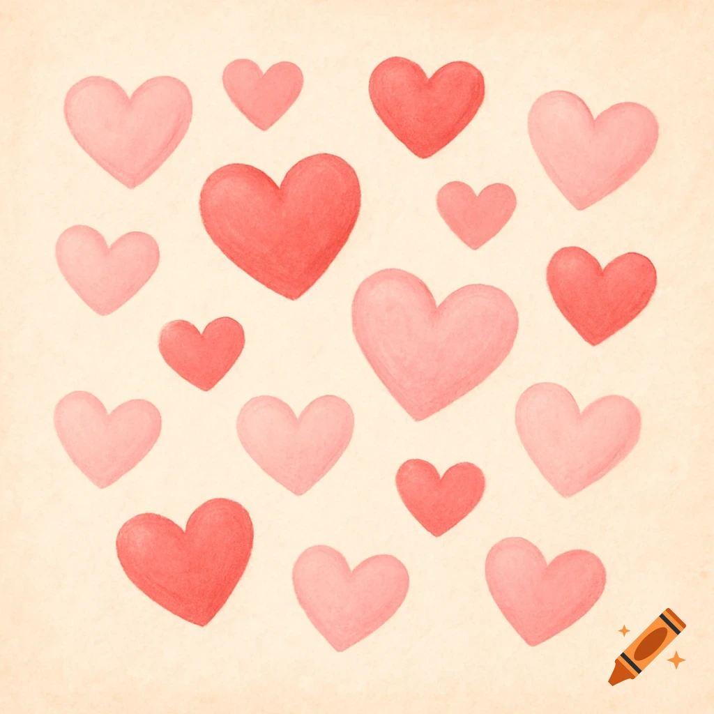 Pattern of pink and red watercolor hearts on a textured background