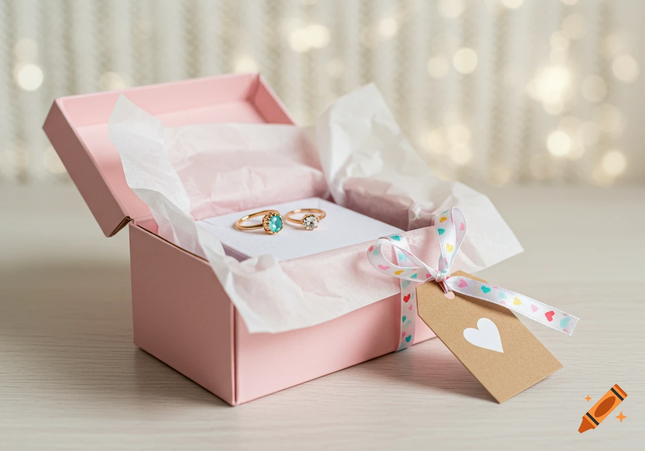 Two rings in a pink gift box with a ribbon and tag.