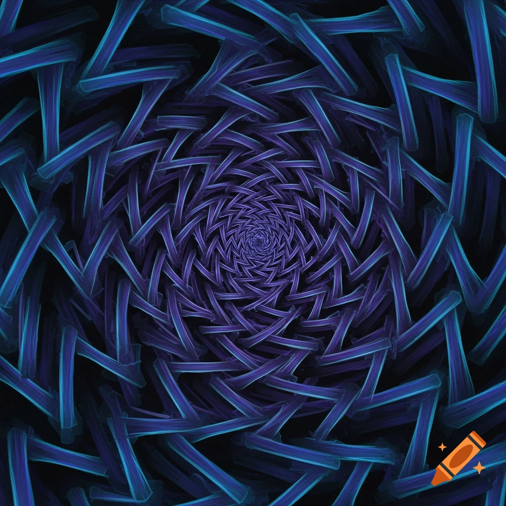 An abstract optical illusion of swirling blue and purple geometric shapes forming a vortex.