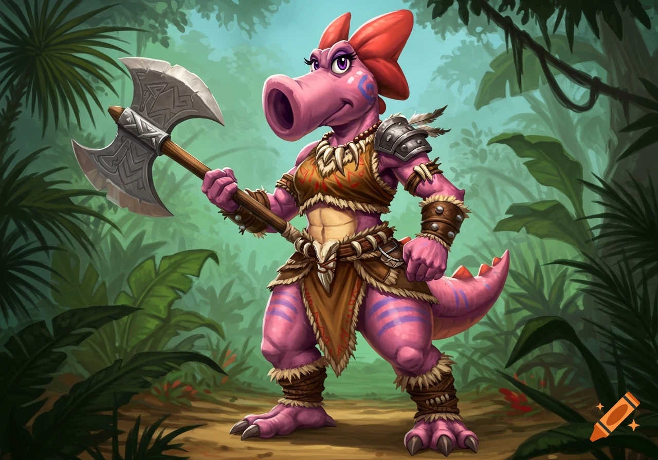 A pink dinosaur-like character wearing barbarian armor and a red bow, holding an axe in a jungle.