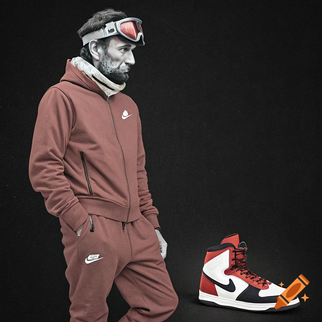 Person resembling Abraham Lincoln in a brown sweat suit, ski goggles, and high-top sneakers against a black background.