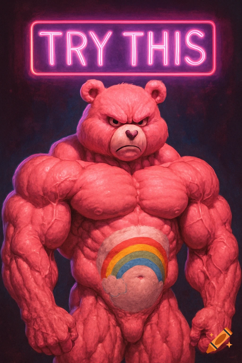Muscular pink bear with a rainbow belly standing under a neon 'TRY THIS' sign