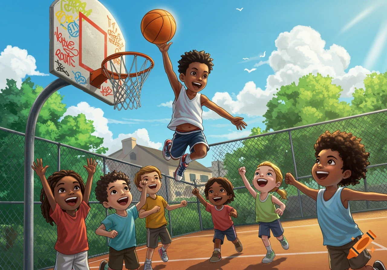 Bambini che saltano verso il canestro in stile fumetto
