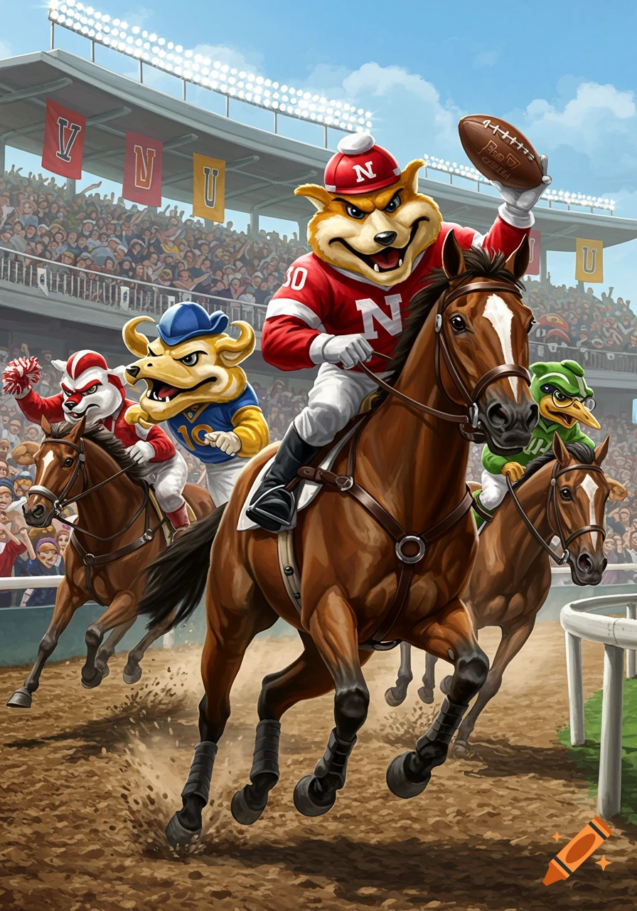 Cartoon animal mascots wearing sports jerseys race horses at a stadium filled with spectators.