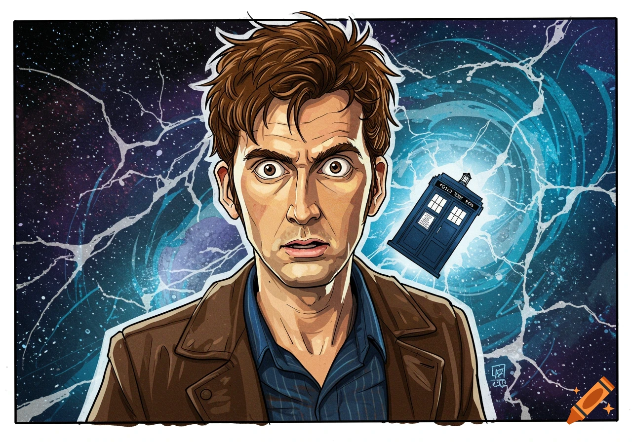 Cartoon illustration of the Tenth Doctor looking surprised, with the TARDIS in a lightning storm in space.
