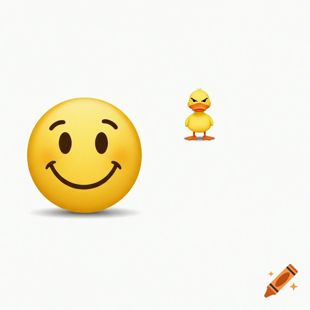 A smiley face emoji and a small, angry duck emoji on a white background.