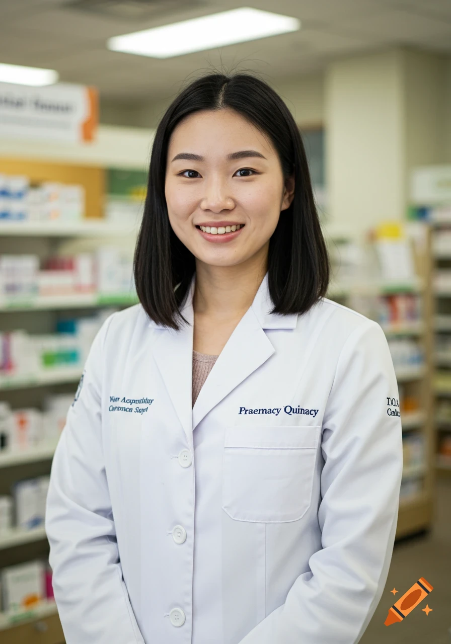Smiling woman in a white pharmacy coat stands in a pharmacy.