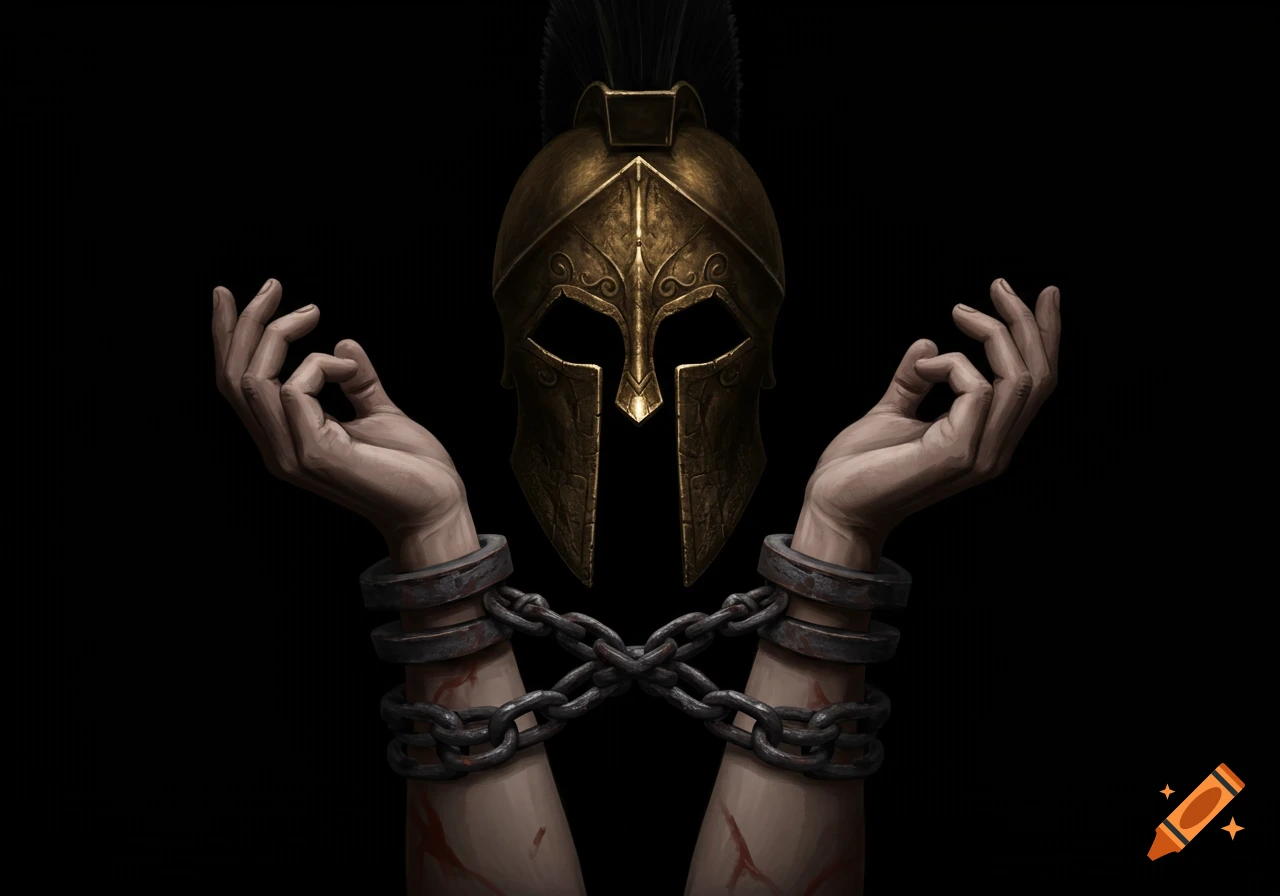 A detailed digital painting of a golden Spartan helmet centered above a pair of chained wrists against a black background.
