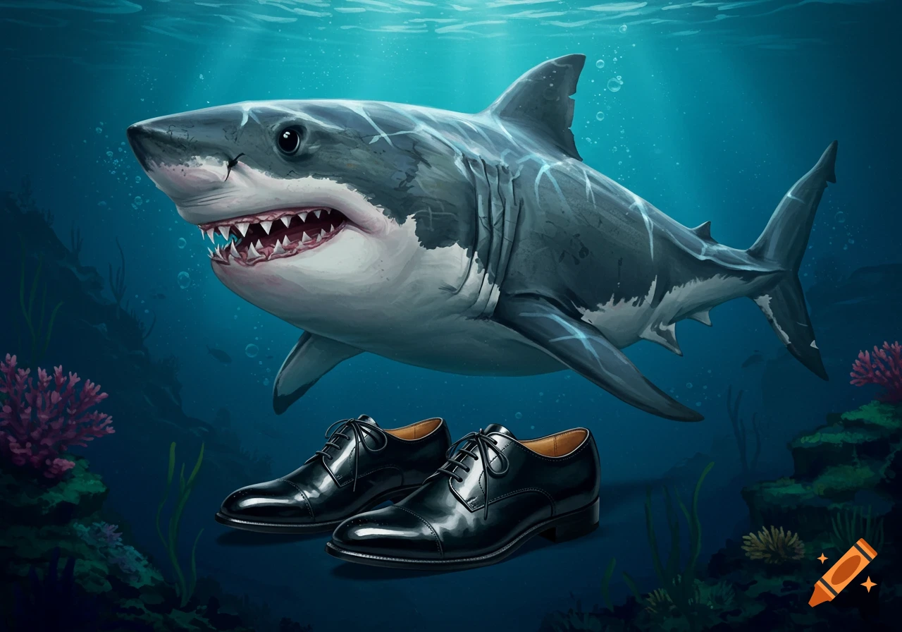Illustration of a great white shark swimming above a pair of black dress shoes on the ocean floor.