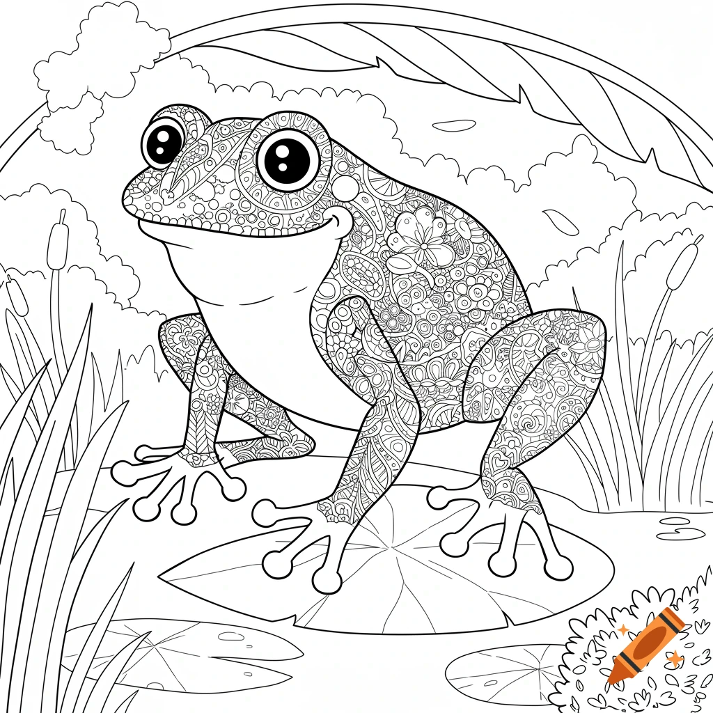 Black and white line drawing of a patterned frog sitting on a lily pad.