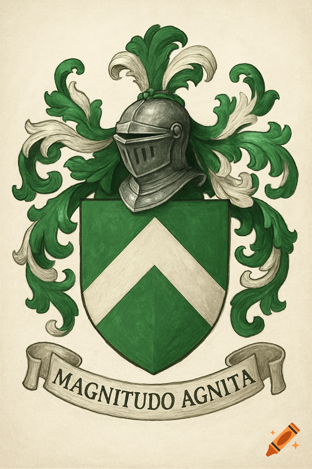 A stylized illustration of a coat of arms with a green and white shield, a knight's helmet, green and white flourishes, and a banner below with the text "Magnitudo Agnita".