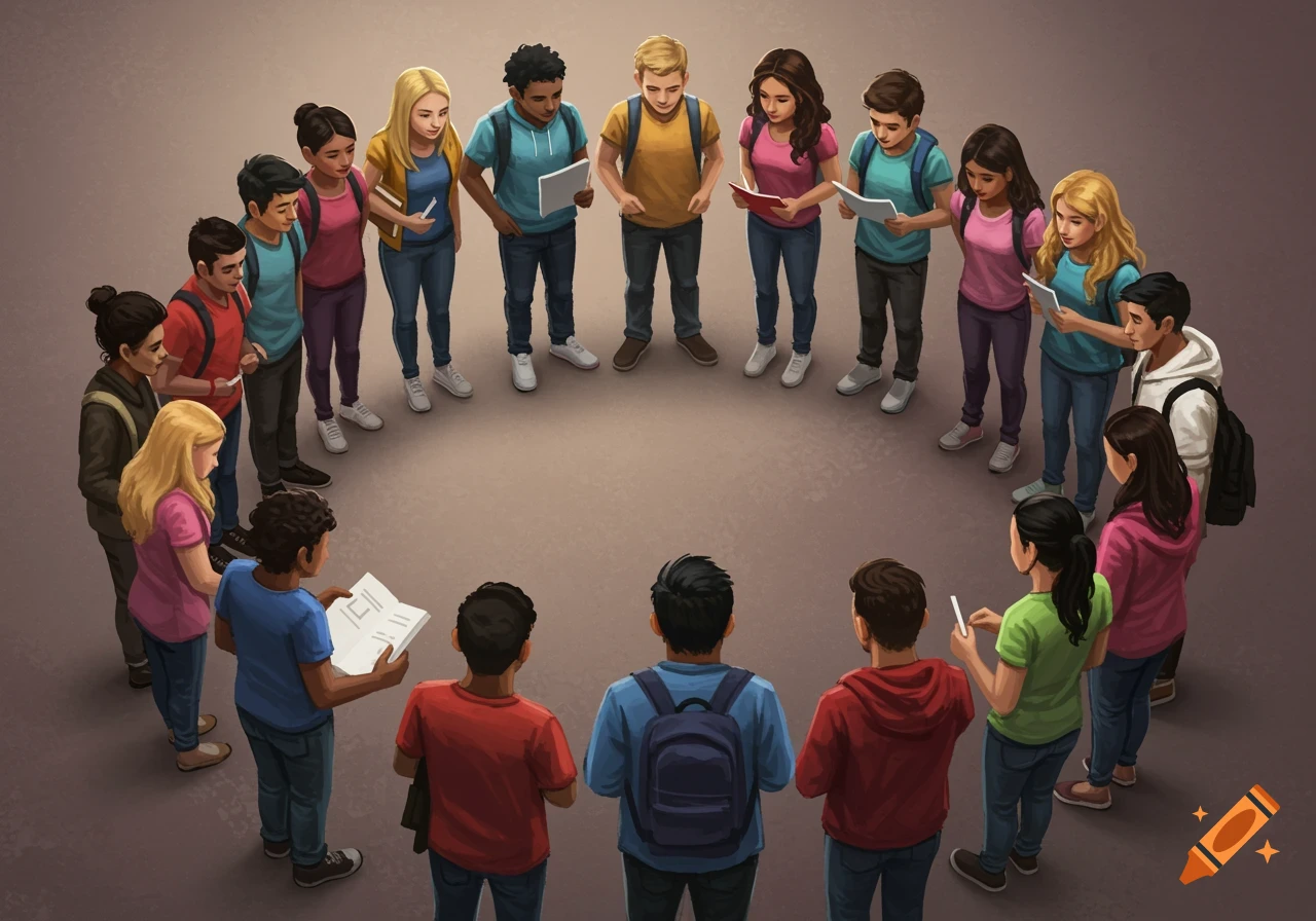 An illustration shows a group of students standing in a circle, some holding books or papers.