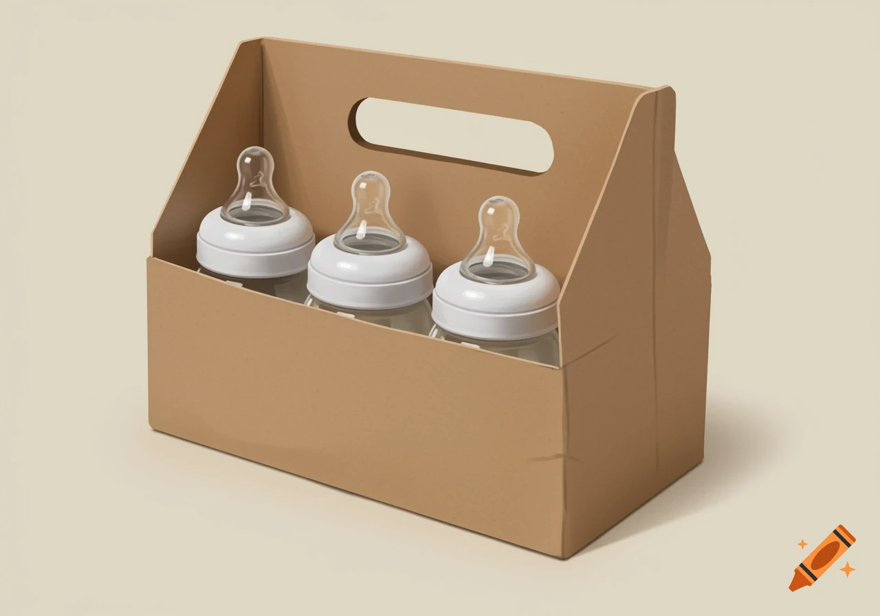 Three baby bottles with nipples in a cardboard carrier box