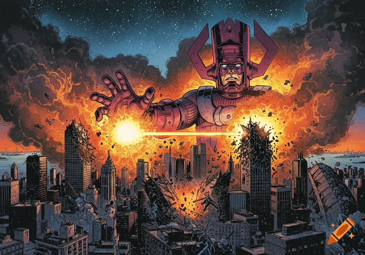 Galactus looms over a destroyed city, firing an energy beam, in a comic book art style.