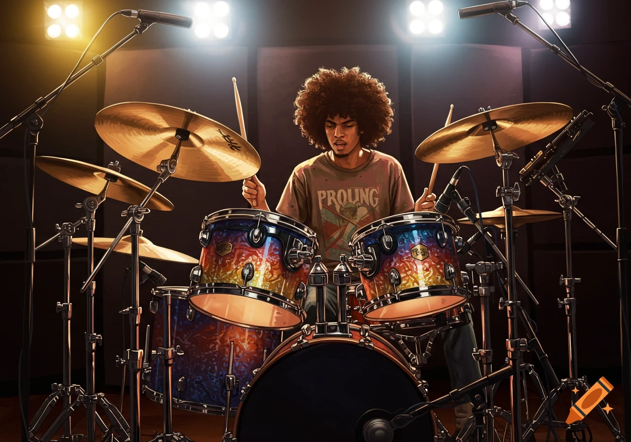 A drummer with an afro plays a colorful drum set in a studio.