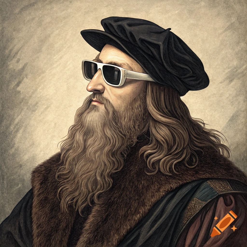 Portrait illustration of Leonardo da Vinci wearing modern white sunglasses.
