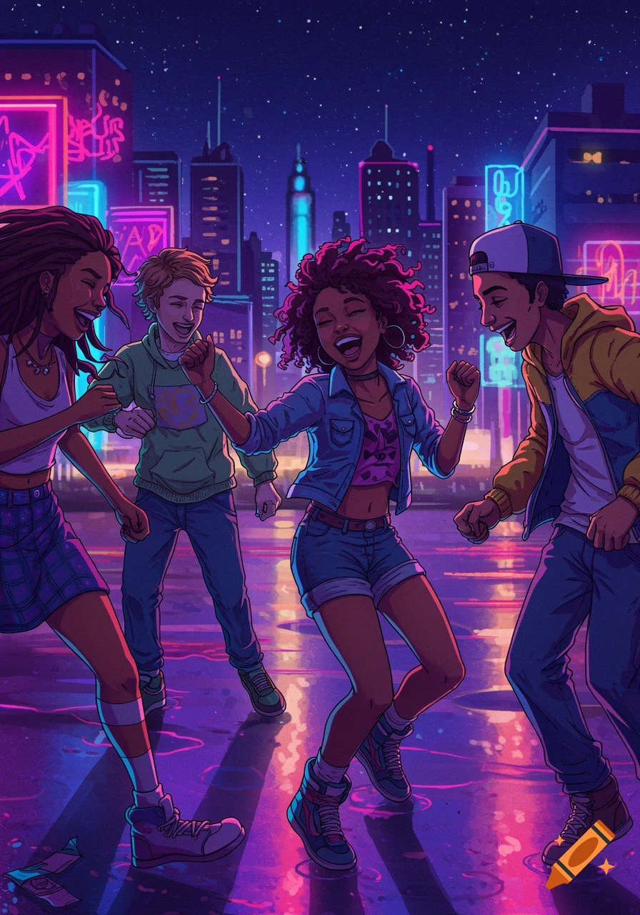 Four diverse teens dancing on a wet city street at night with neon signs in a colorful illustration.