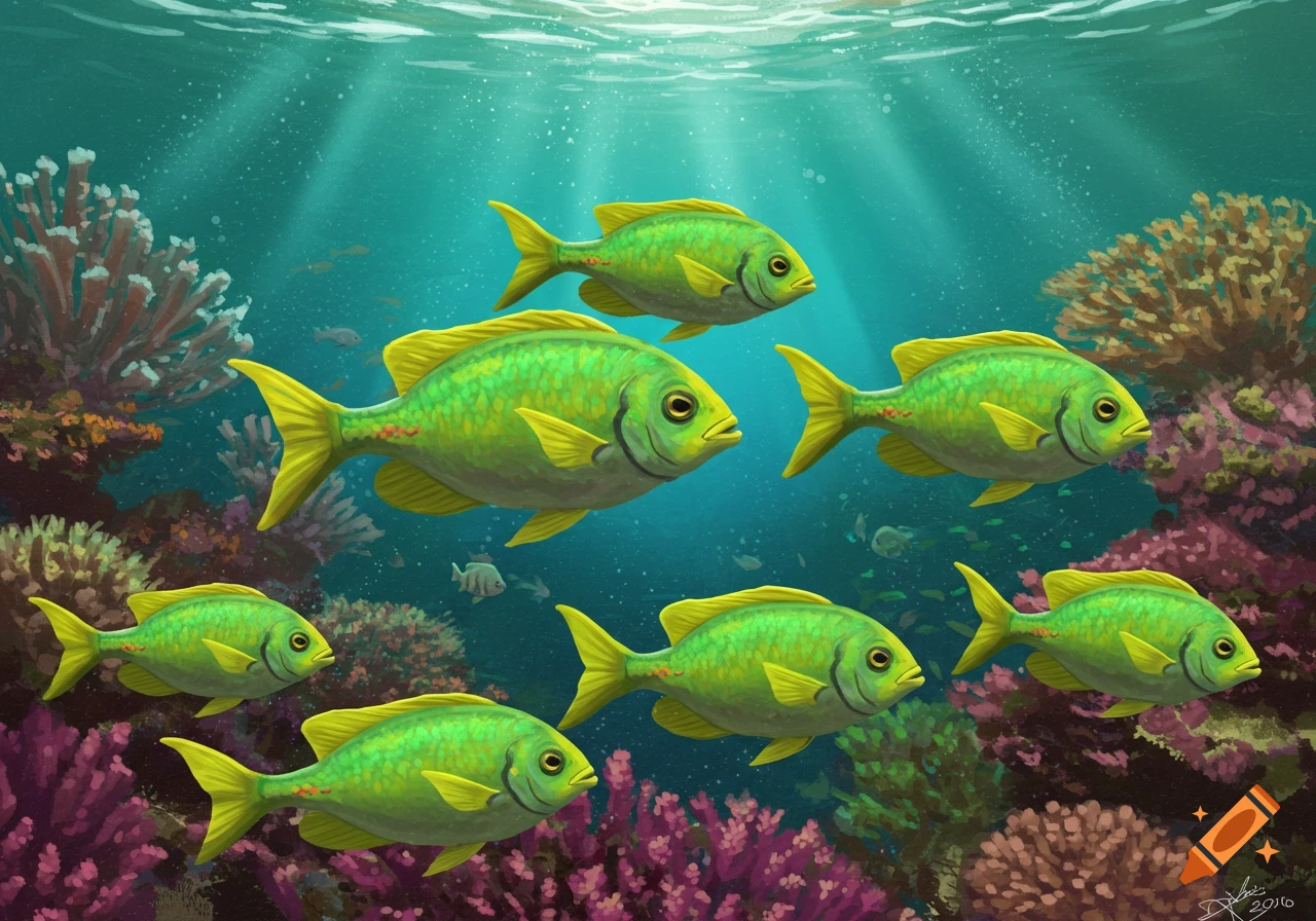 Green fish swim in a school among colorful coral reefs.