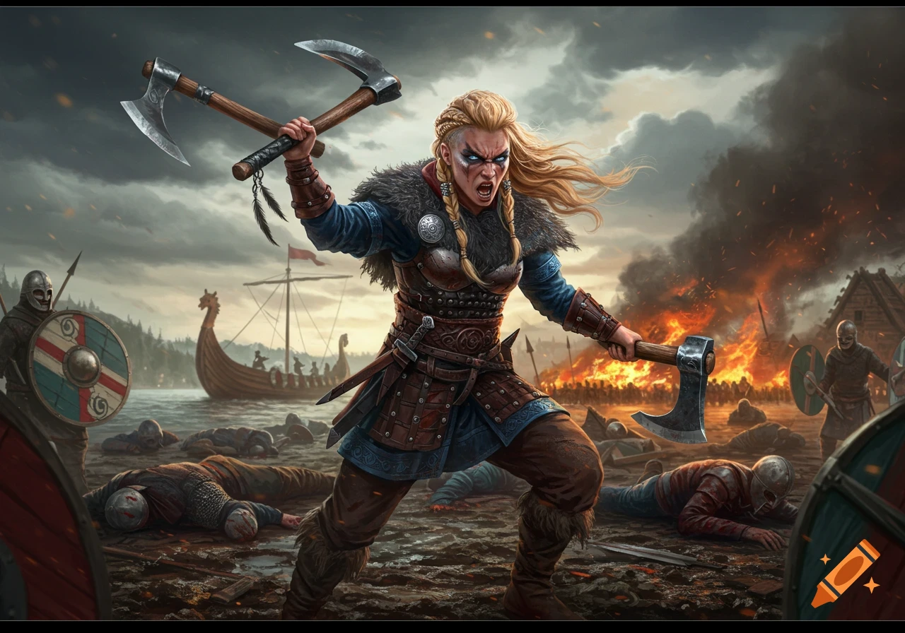 Blonde Viking woman in armor holds two axes during a fiery battle with dead bodies and longboats.
