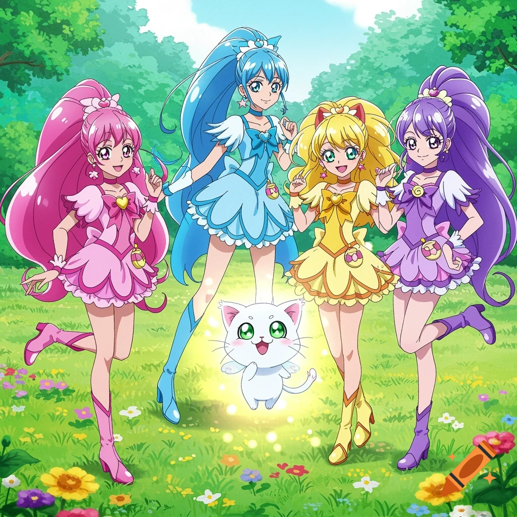 Four anime girls in colorful magical girl outfits stand with a white cat in a field of flowers.