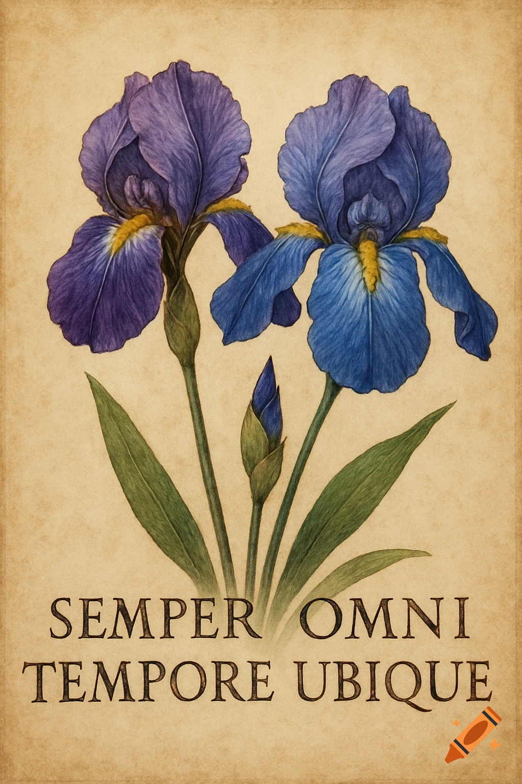 Botanical illustration of two irises on a vintage background with Latin text.