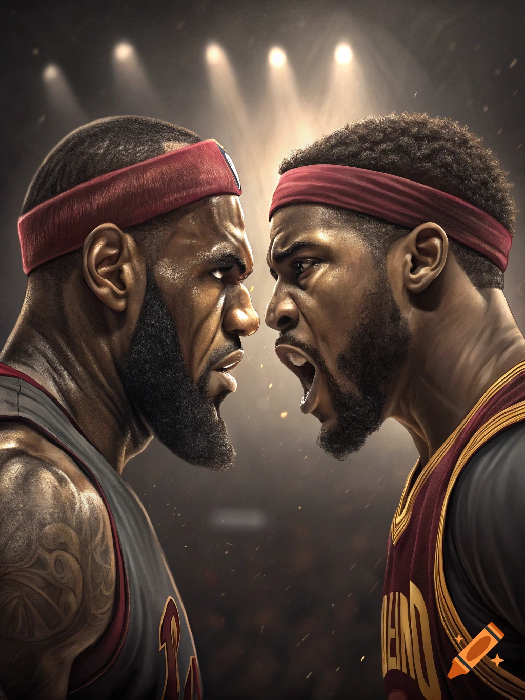 Two basketball players face off intensely on a court