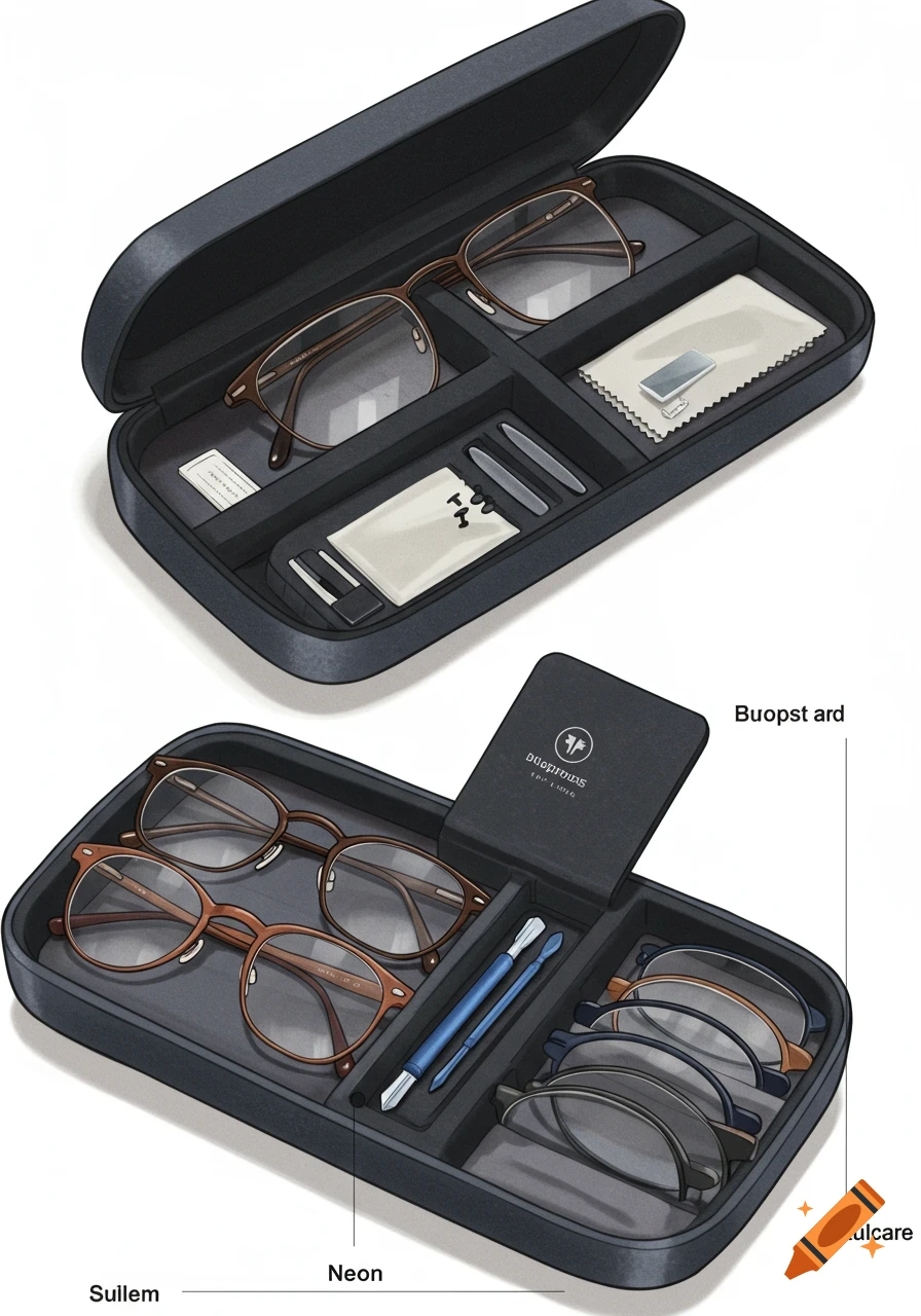 Illustration of an open double-sided glasses case holding multiple pairs of glasses, lenses, and tools.