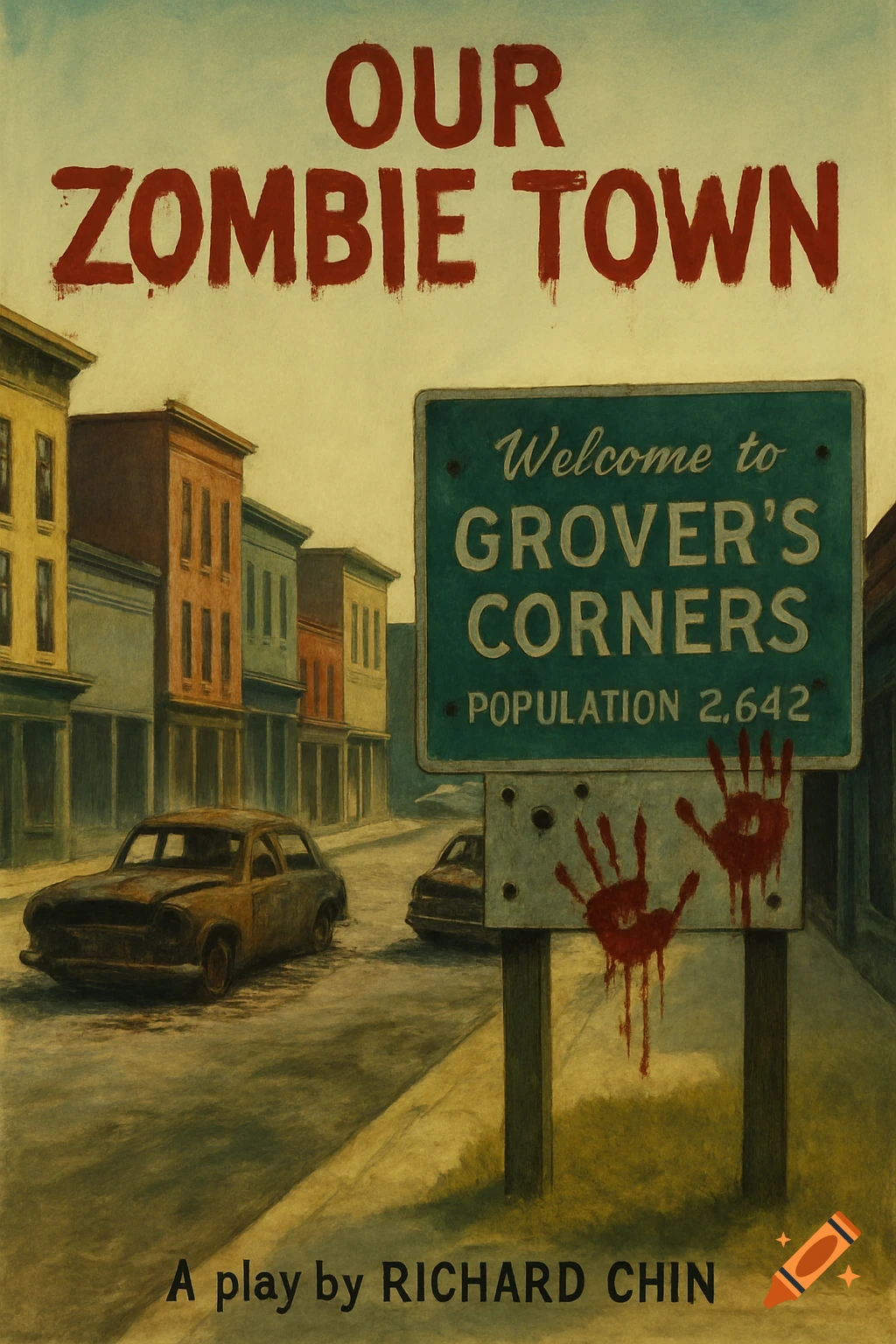 A painting of a deserted town street with abandoned cars and a 'Welcome to Grover's Corners' sign with bloody handprints. Title 'OUR ZOMBIE TOWN' is at the top.