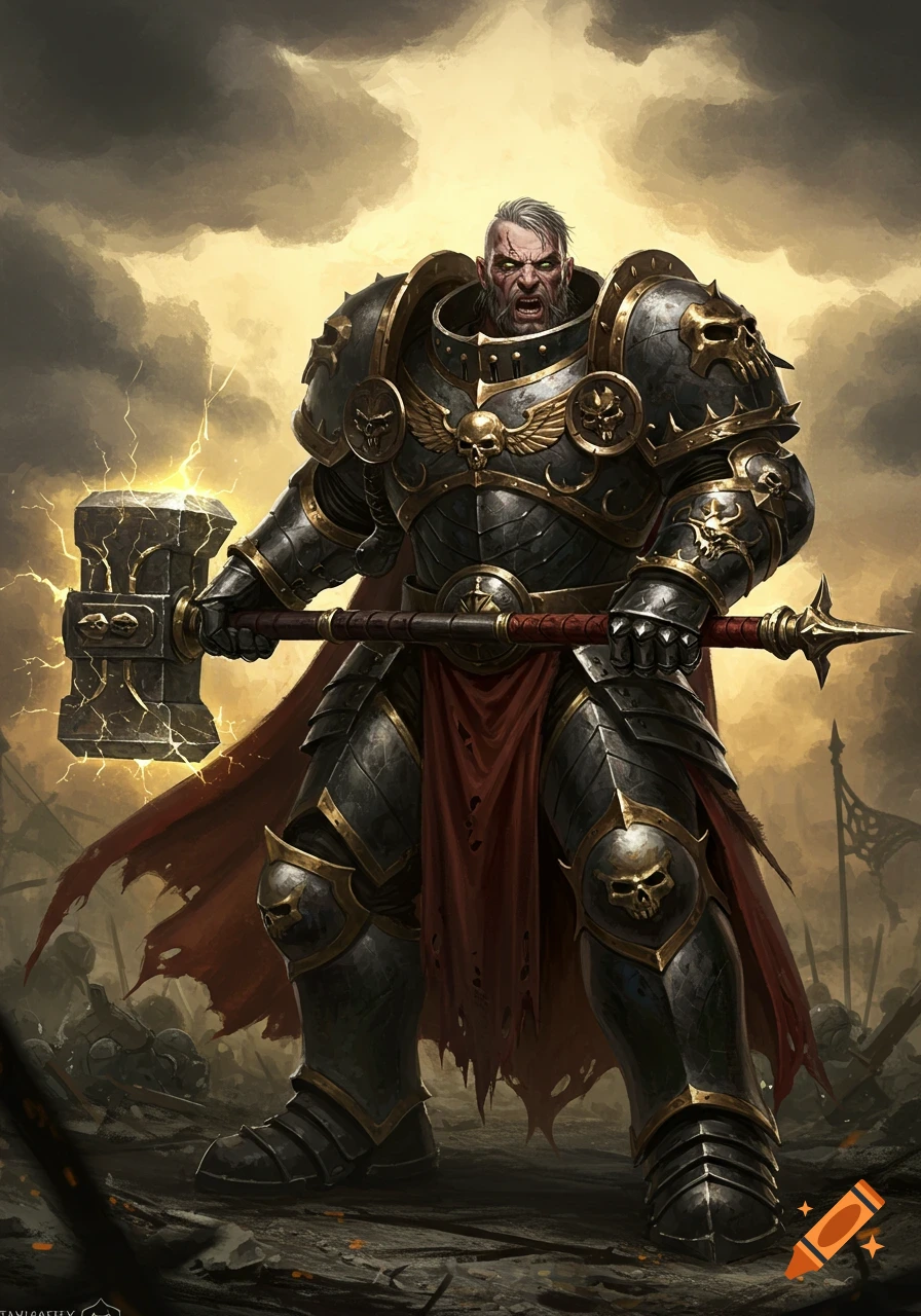 Heavily armored fantasy warrior on a battlefield holding an electric hammer.