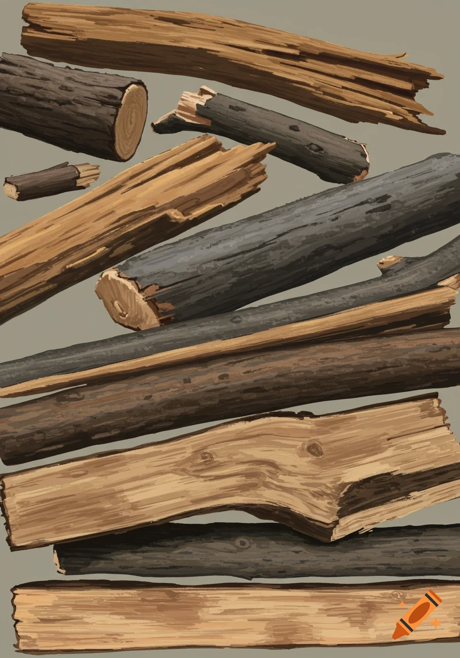 Illustrated scattered pieces of logs, wood, and sticks.