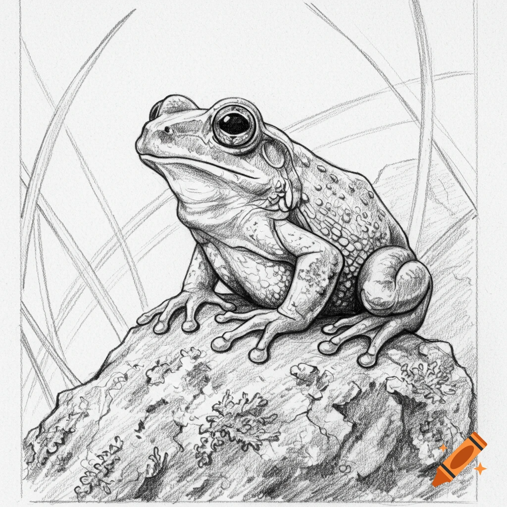 Black pencil sketch of a frog sitting on a rock.