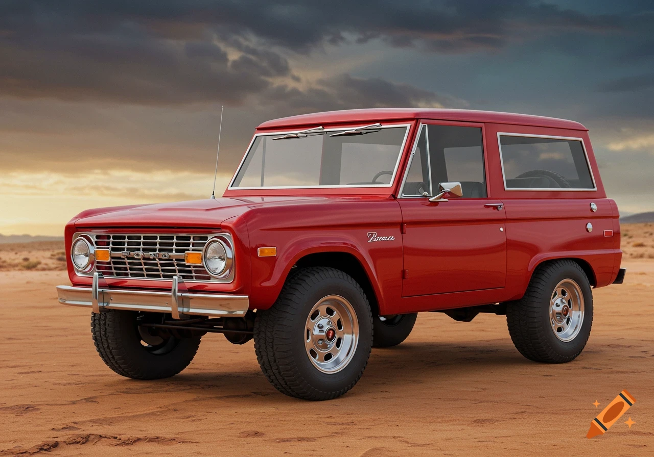 A red classic Ford Bronco parked in a sandy desert landscape.