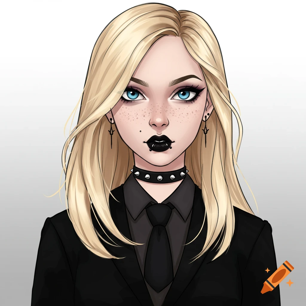 Cartoon portrait of a blonde woman in goth style with black lipstick, piercings, studded choker, shirt, and tie.