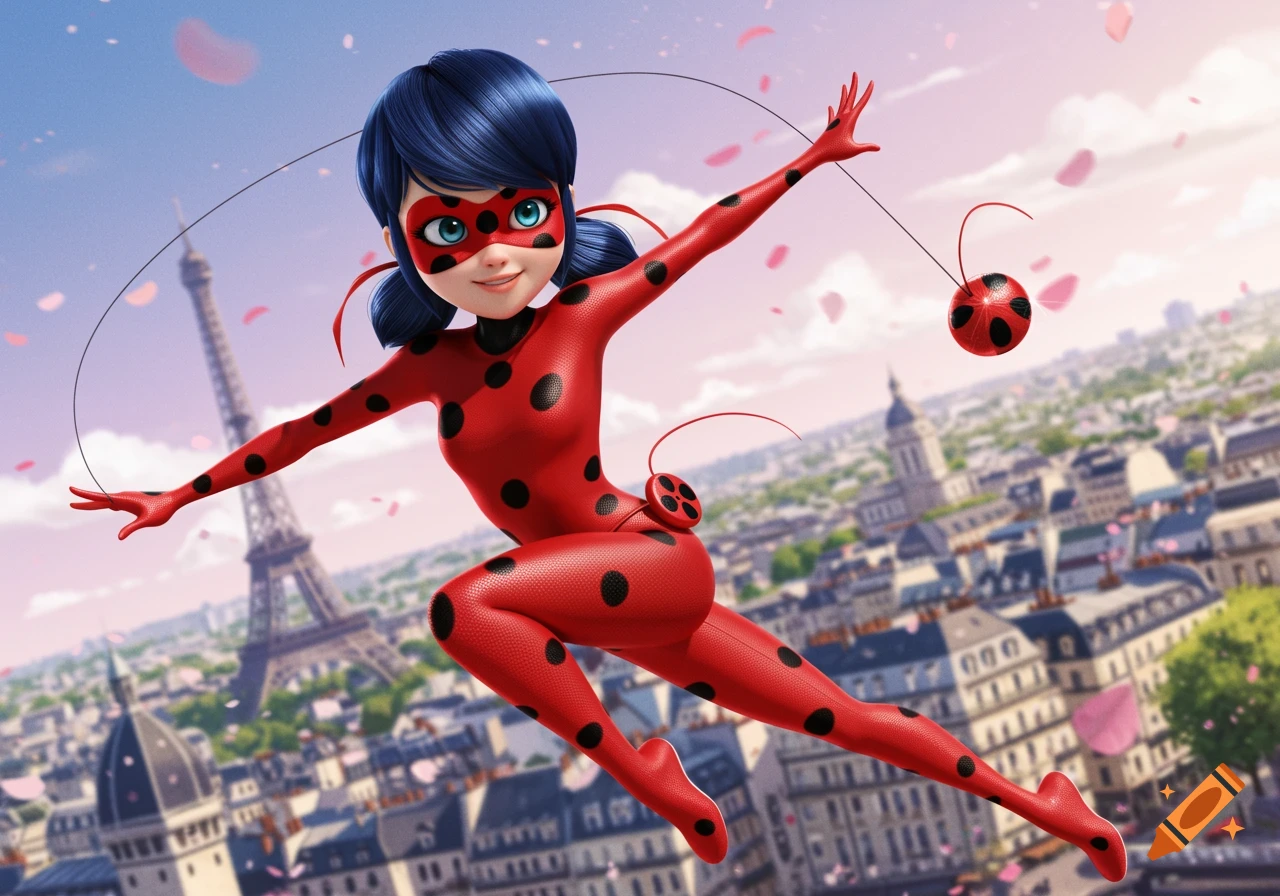 Ladybug swinging through the air over Paris