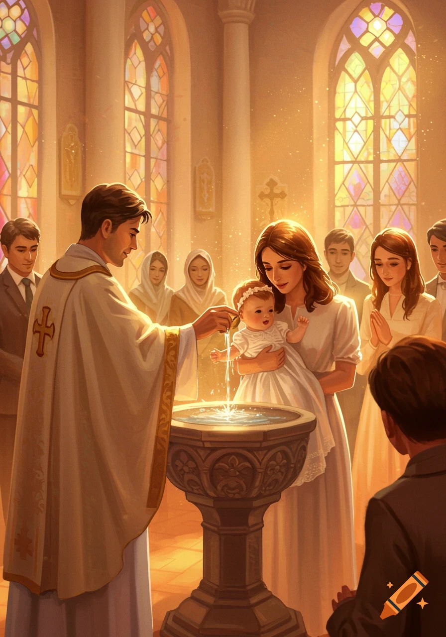 A baby girl is christened by a priest in a church ceremony with her mother and family present.