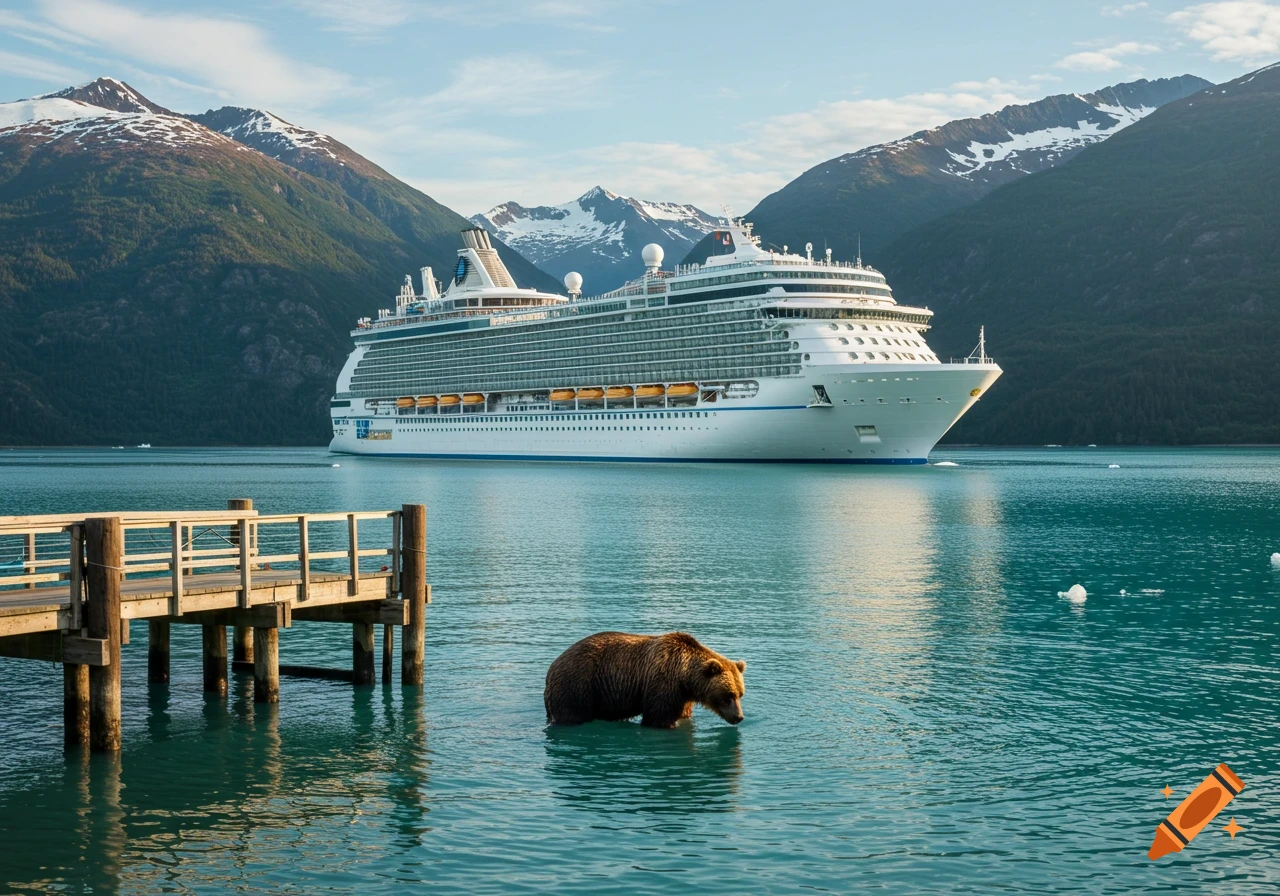A large cruise ship floats near a dock while a bear stands in the water in front of mountains.