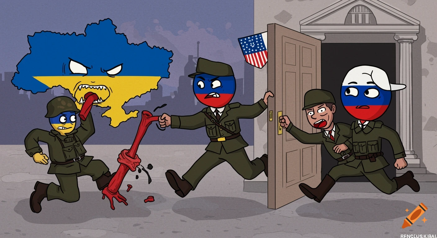 Cartoon political satire shows a monstrous Ukraine map biting a leg, while Russian soldiers run to a building with a US flag.