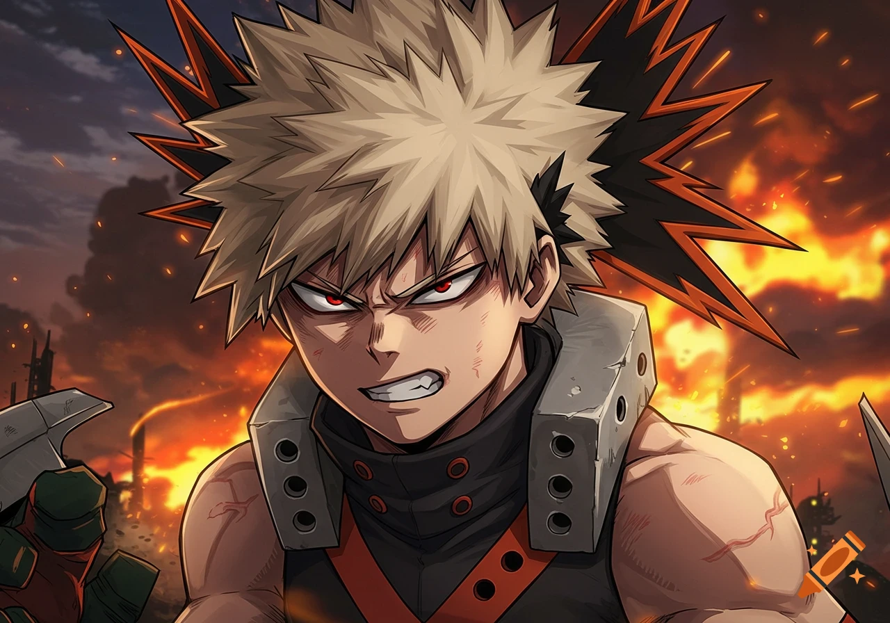 Katsuki Bakugou, an anime character, with an angry expression and an explosion background.