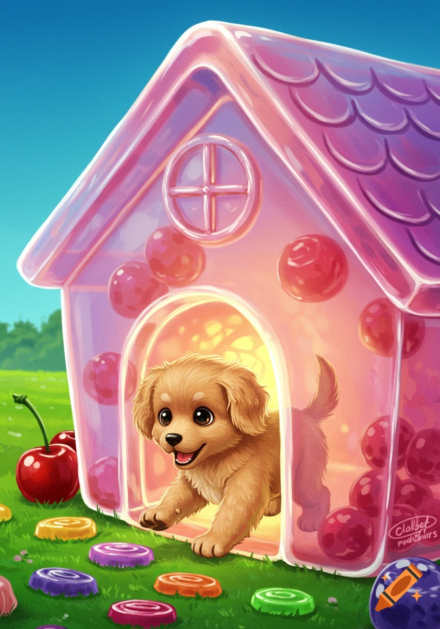 A cute puppy sits in the doorway of a pink candy house surrounded by colorful candies and cherries in a bright illustration.
