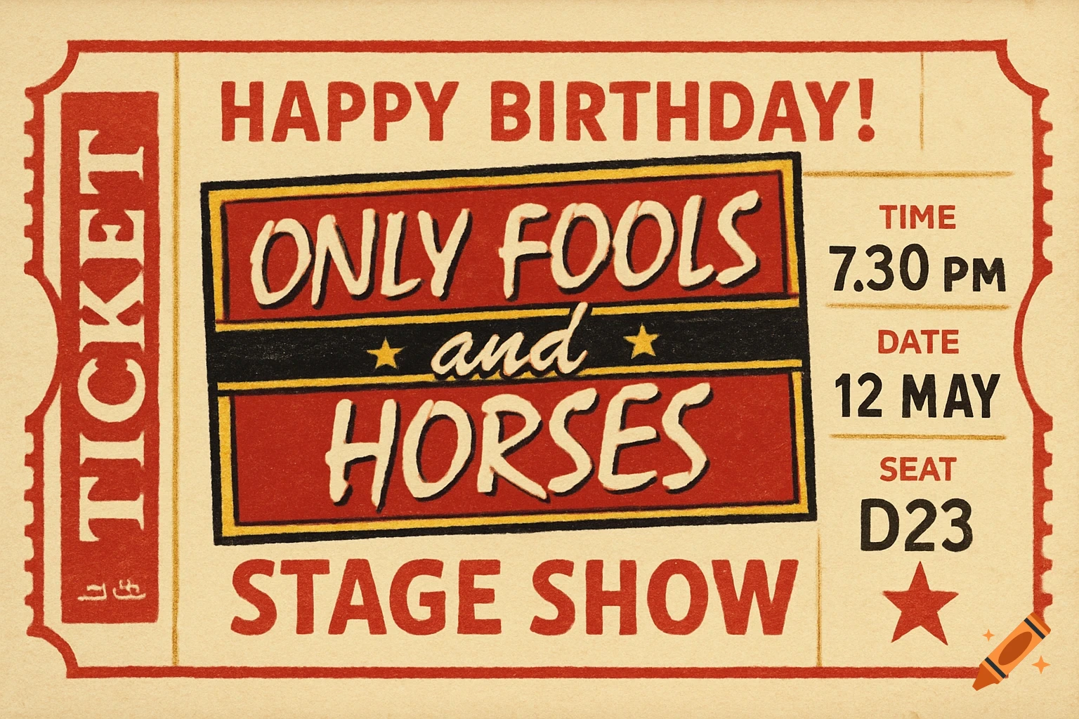 A vintage-style ticket for a Happy Birthday Only Fools and Horses stage show.
