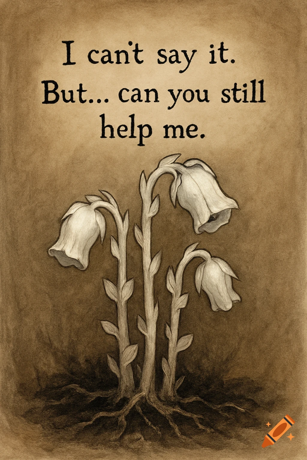 Sepia-toned drawing of drooping Monotropa uniflora flowers and roots under text saying "I can't say it. But... can you still help me."